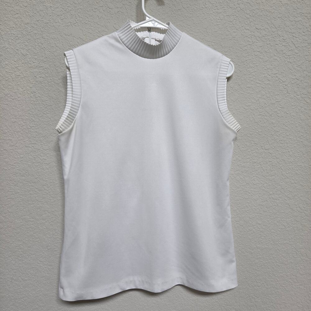 Vintage White Sleeveless Mock Turtleneck Top Womens Small Pleated Trim 70s mod